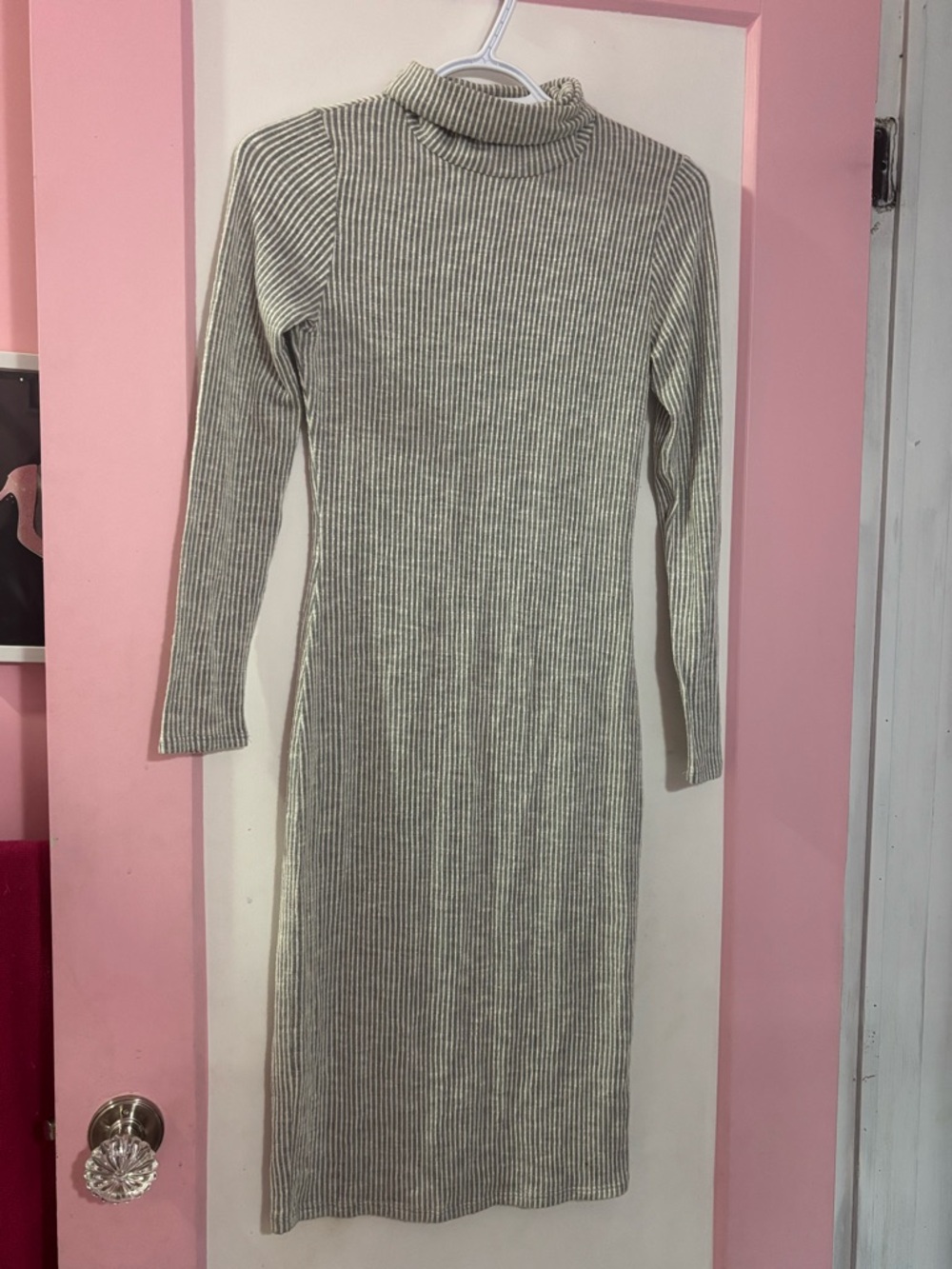 Caution To The Wind Ribbed Turtleneck Midi Dress - Cream and Gray